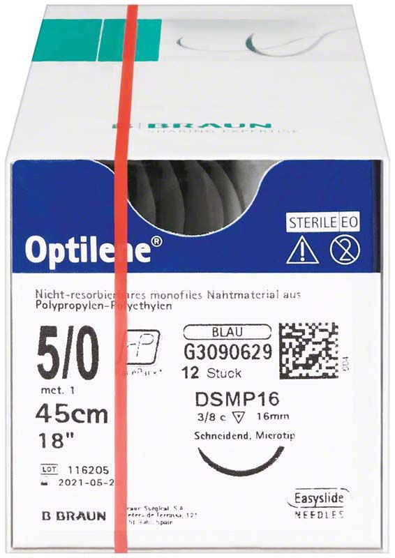 Optilene® Nahtmaterial 5/0, 45cm, steril, auf weißer Verpackung.