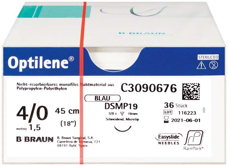Optilene® Nahtmaterial 4/0, 45cm, DSMP19, steril verpackt.