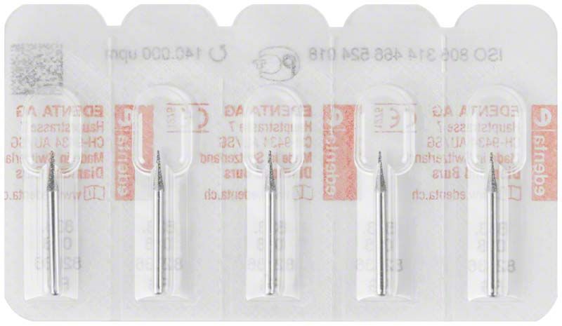Zahnmedizinische Diamantbohrer FG 833 018 in Blisterverpackung mit vier Einheiten.