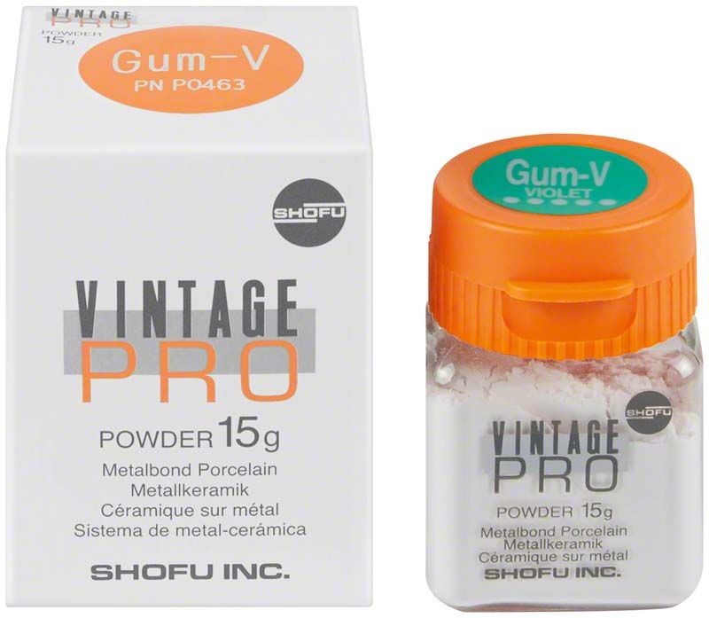 Vintage PRO Gum-V Pulver 15g neben Verpackung mit Produktname und Herstellerlogo.