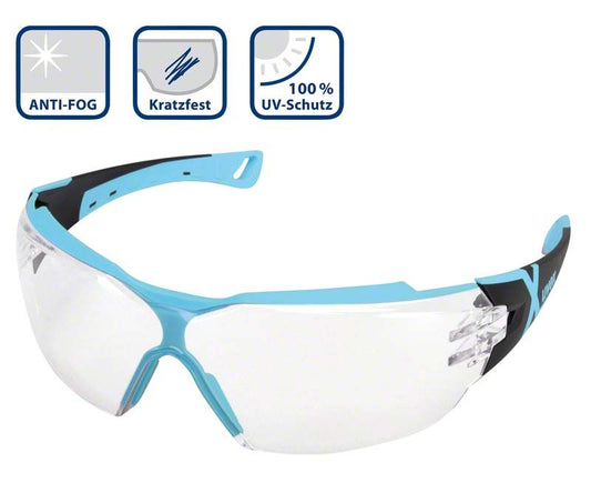 Schutzbrille iSpec® Pure Fit II blau mit Anti-Fog und Kratzfest-Symbolen.