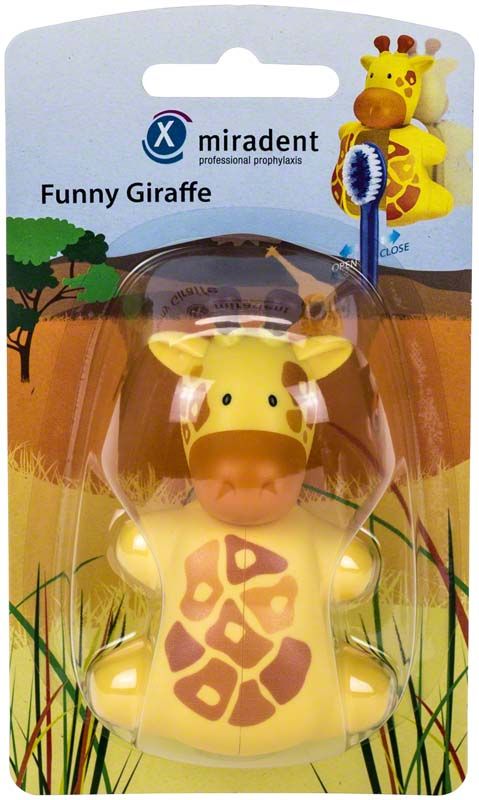 Zahnbürstenhalter in Form einer lustigen Giraffe auf Verpackung.