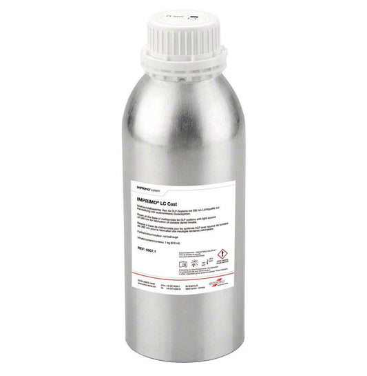 Silberne Flasche mit Etikett des lichthärtenden Harzes IMPRIMO® LC CAST.