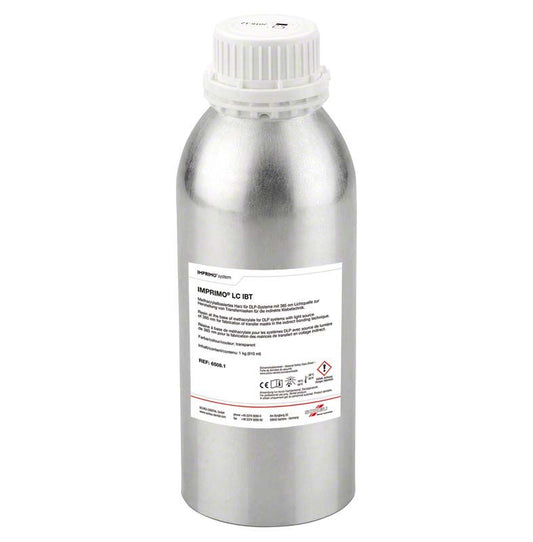 IMPRIMO® LC IBT Harzflasche mit Etikett und Sicherheitsinformationen.
