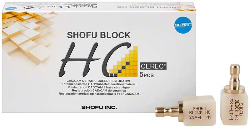 SHOFU Block HC CEREC LT A3,5 Verpackung mit zwei Blöcken im Vordergrund.