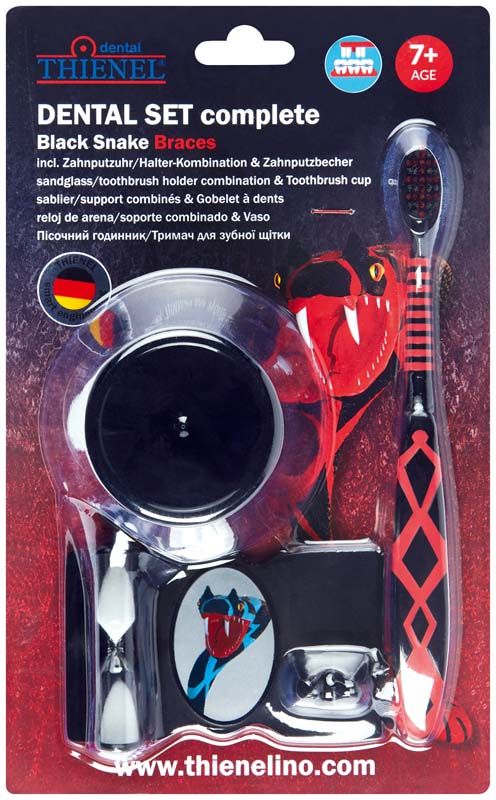 Zahnpflegeset mit schwarzer Zahnbürste, Sanduhr und Schlangenmuster-Verpackung.