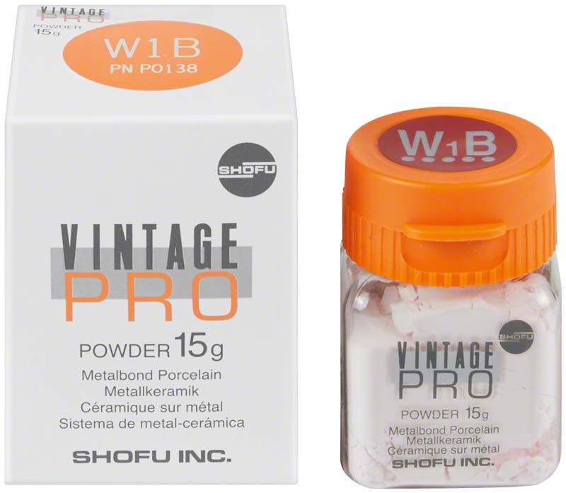 Vintage PRO Body 15g W1B Metallkeramik-Pulver in weißem Behälter mit orangem Deckel.