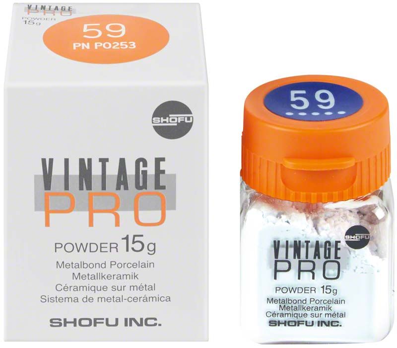 Verpackung und Glasbehälter von Vintage PRO Incisal 15g Metallkeramikpulver.