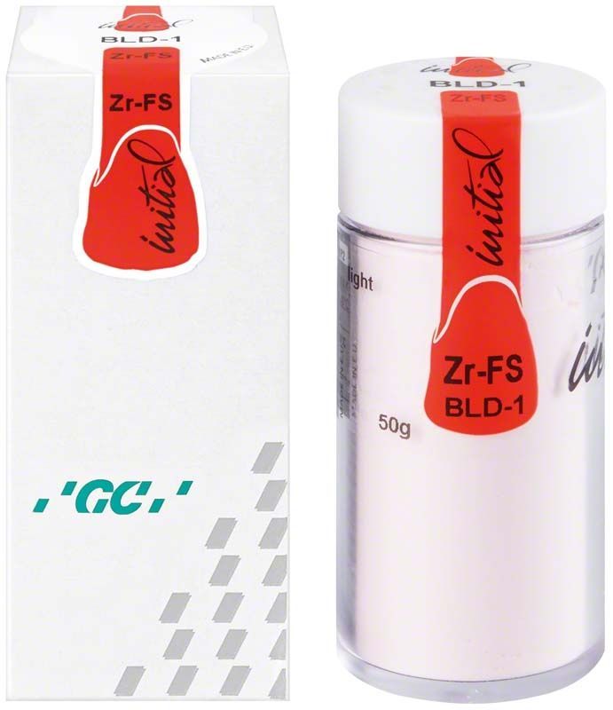 GC Initial Zr-FS Bleach Dentin 50g BLD-1 in Verpackung und Dose.