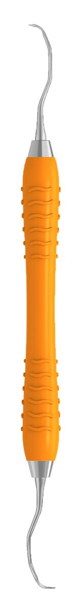 Orangene Kürette GRACEY Standard Figur 13-14 mit gebogenem Metallende.