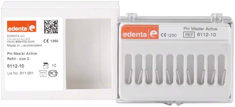 Transparente Box mit zehn PinMaster Titanstiften, Größe Ø1,5mm Länge 10,85mm.