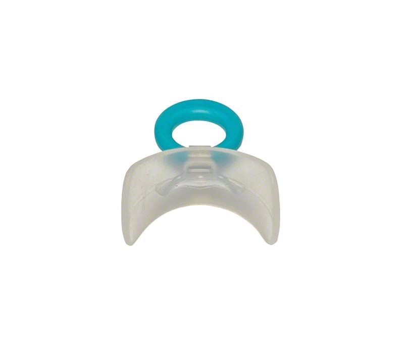 Mundvorhofplatte MUPPY® Käppchen Gr. 2, transparent mit blauem elastischem Ring.