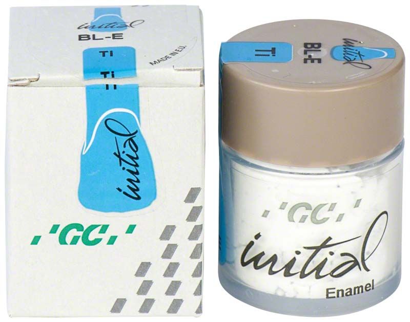 GC Initial Ti Bleach Shades BL-E Zahnemail in einem Glasbehälter neben der Verpackung.