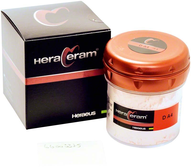 HeraCeram® Dentin 100g DA4 in brauner Dose mit Verpackung.