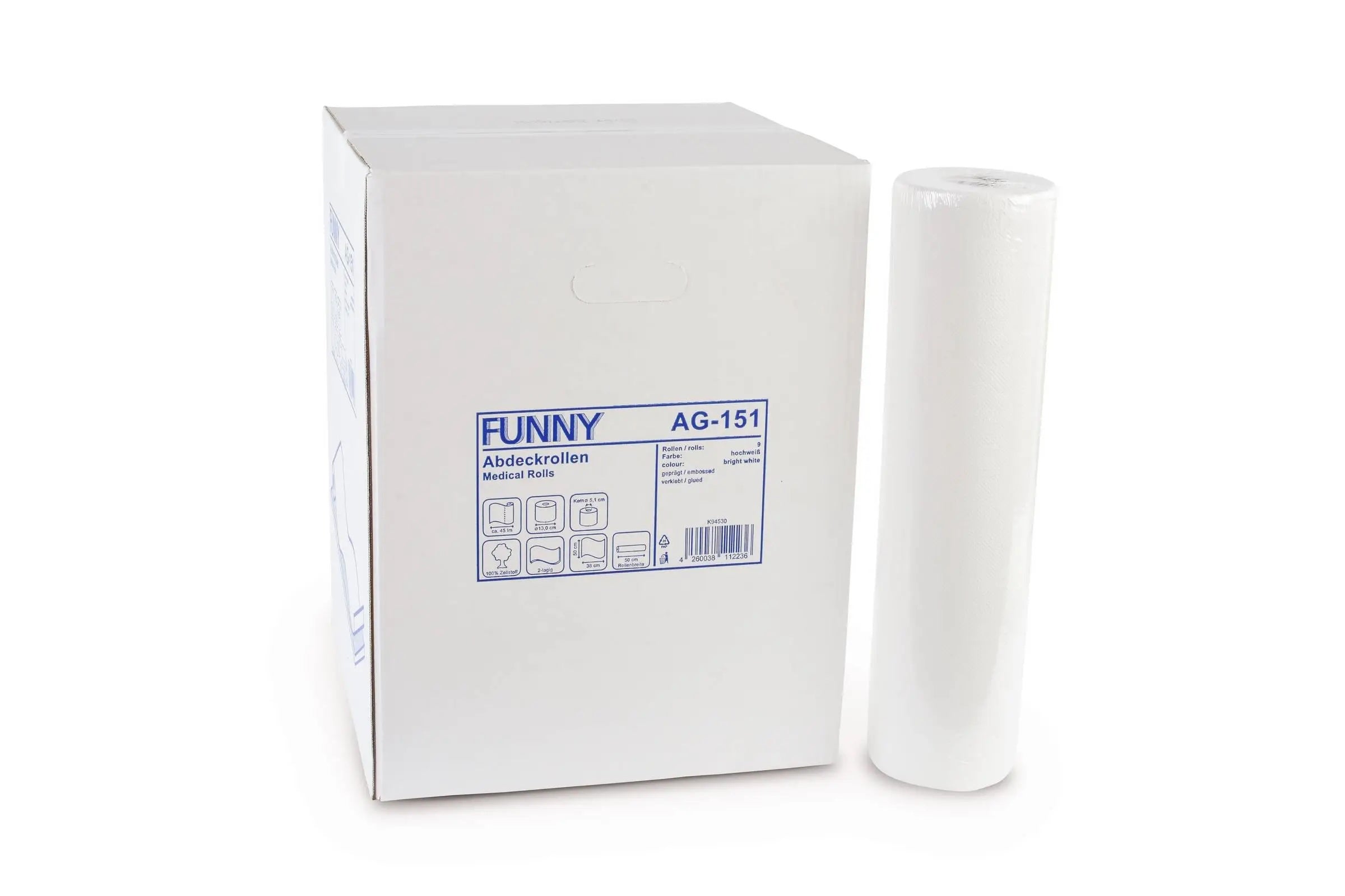 Ärzterolle neben weißer Verpackung mit blauer Aufschrift und Piktogrammen.