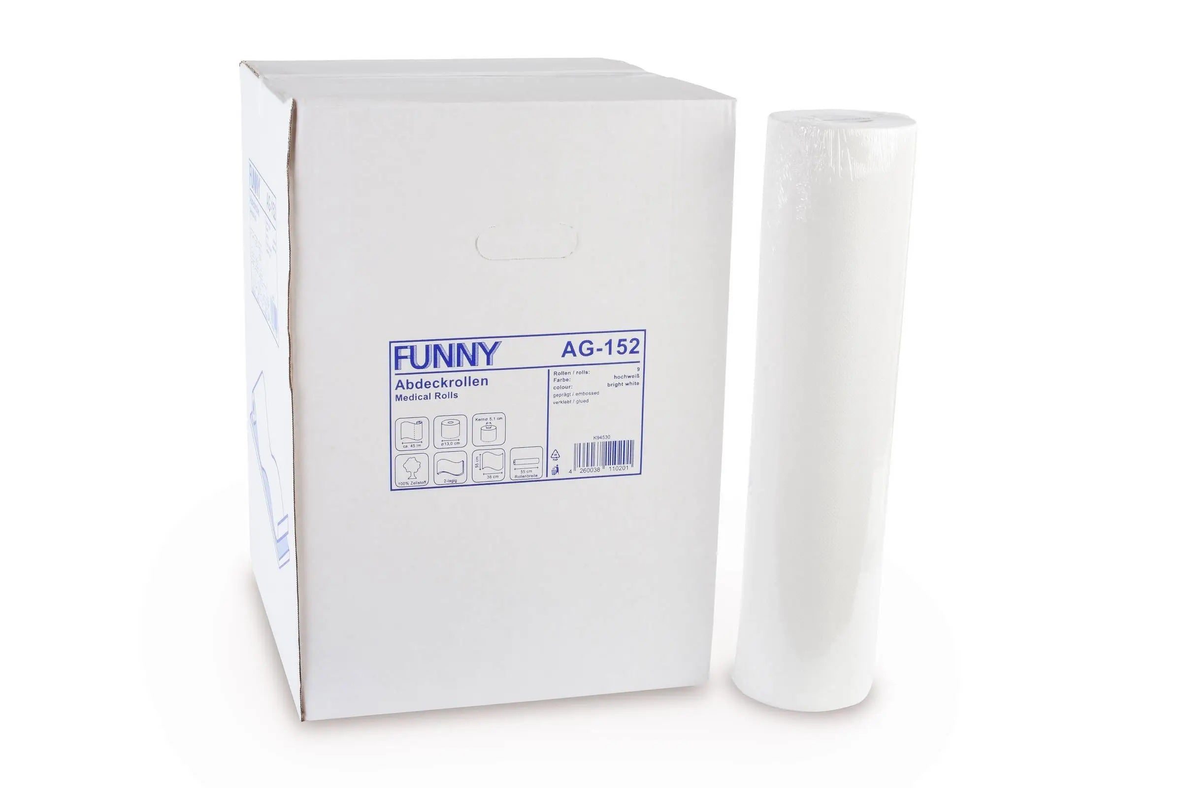 Ärzterolle neben weißer Verpackung mit blauem Etikett und Produktinformationen.