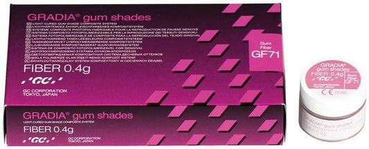 Gradia Gum Fiber GF71 Verpackung und Dose mit Produktname und Logo.