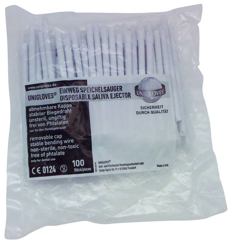 Einweg-Speichelsauger mit abnehmbarer Kappe in transparenter Verpackung.