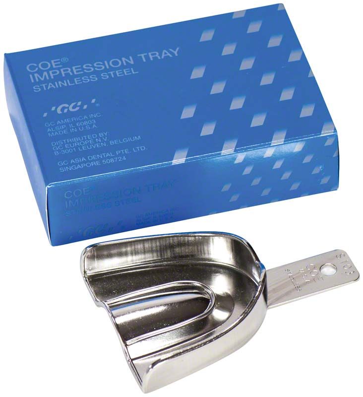 COE® Stahl-Löffel unperforiert für zahnmedizinische Abdrücke vor blauer Verpackung.