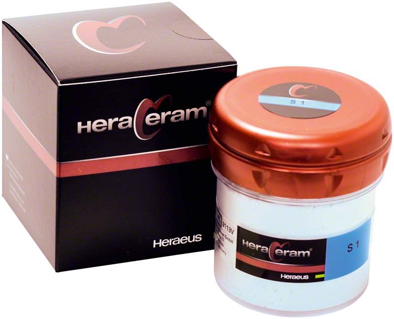 HeraCeram® Schneide 100g S1 mit Verpackung und rotbraunem Deckel.
