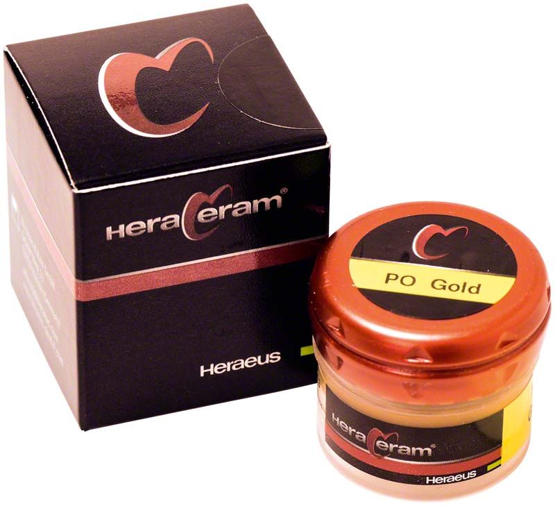 HeraCeram® Intensiv-Opaker Paste PO Gold mit Verpackung und Glasbehälter.