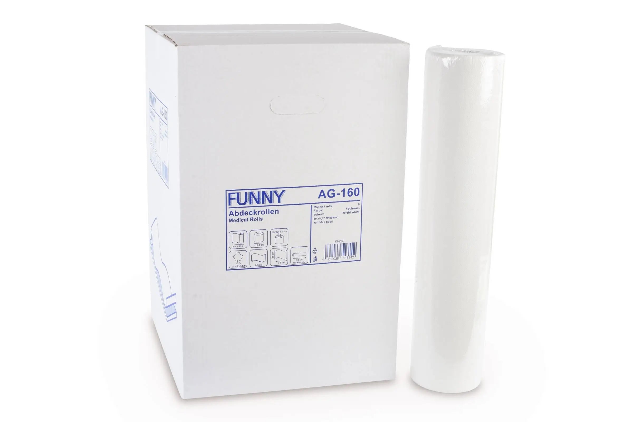 Ärzterolle neben weißer Verpackung mit Produktinformationen.