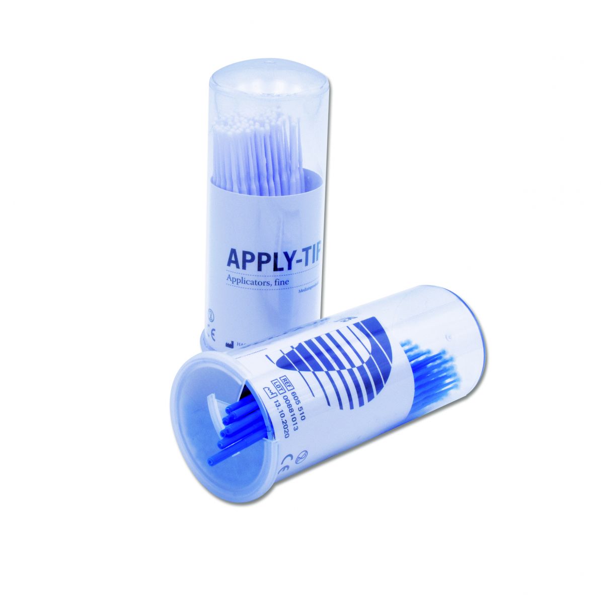 Blauer Apply-Tips® Applikationsstäbchen in Spenderpackung für dentale Anwendungen.