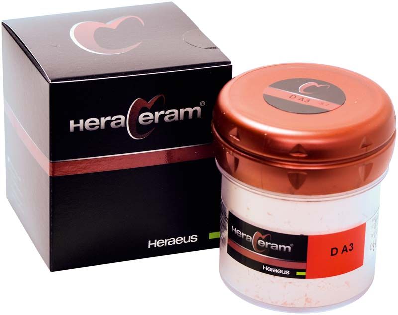 HeraCeram® Dentin 100g DA3 Verblendkeramikdose neben Verpackung.