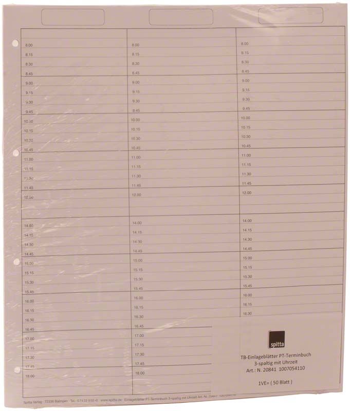 Terminbucheinlage mit drei Spalten und Uhrzeiten von 8-12 und 14-18 Uhr.