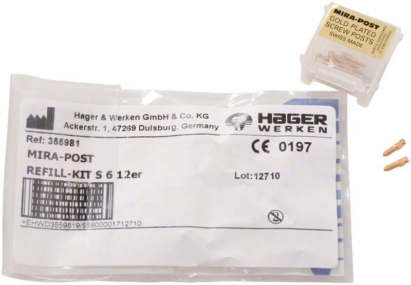 Nachfüllset Mirapost® vergoldet S6 mit 12 Schrauben und Verpackung.