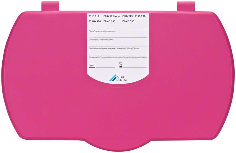Deckel der Hygobox in leuchtendem Pink mit Beschriftungsfeld.