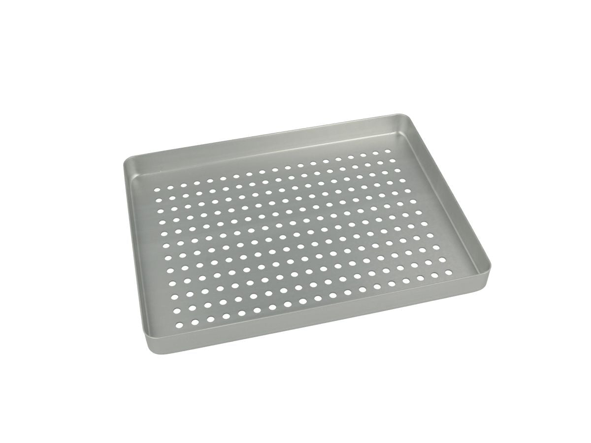 Silbernes, gelochtes Aluminiumtablett namens EUROTRAY Minitray Alu Boden.