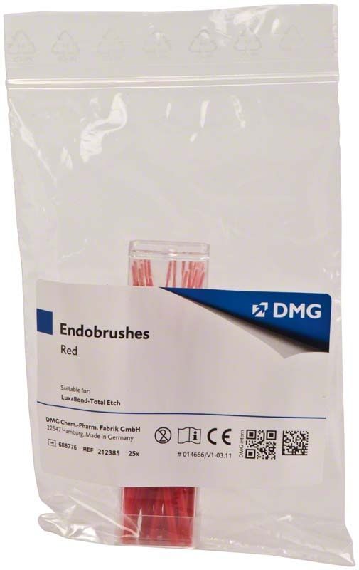 LuxaBond Endobrushes Red in transparenter Verpackung mit 25 Einwegbürstchen.