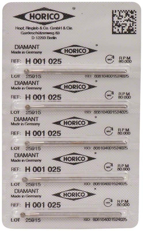 Verpackung mit fünf Diamant-H 001 025 dentalen Schleifinstrumenten.
