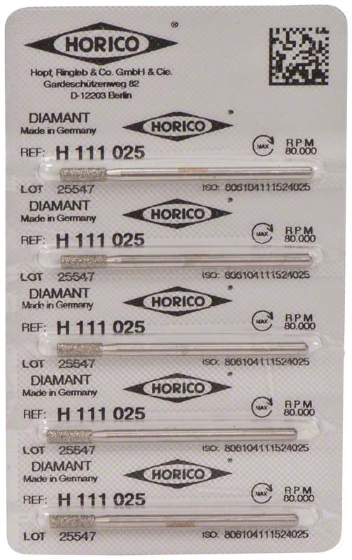 Verpackung mit sechs Diamantschleifern H 111 025 für zahnärztliche Präparationen.