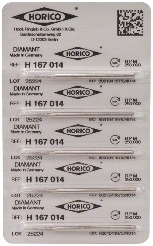Verpackung mit fünf Diamantfräsen, Modell H 167 014, für zahnmedizinische Anwendungen.