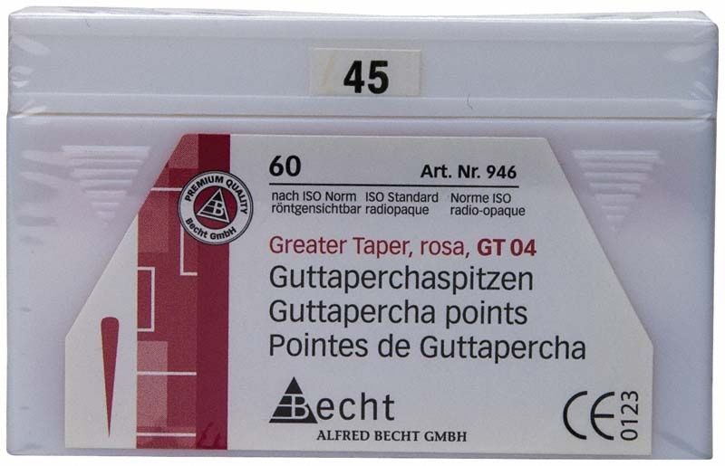 Rosa Guttaperchaspitzen GT 04, Größe 45, in Originalverpackung.