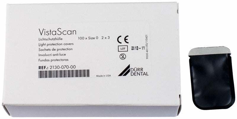 VistaScan Lichtschutzhüllen Verpackung mit Hülle und Dürr Dental Logo.