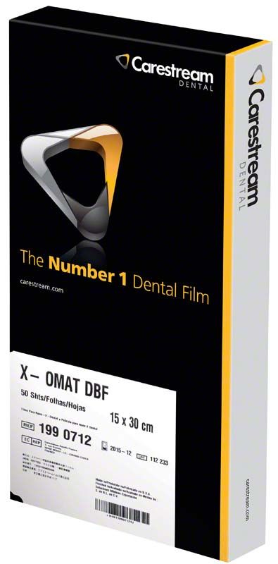 Kodak X-Omat DBF Röntgenfilmverpackung mit Carestream-Logo und Produktinformationen.