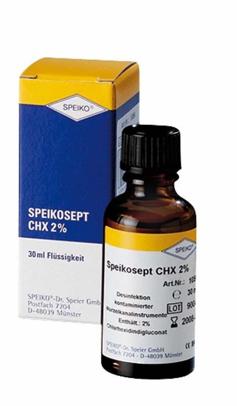 Speikosept CHX 2% Flasche 30ml vor Verpackung mit Etikettierung.