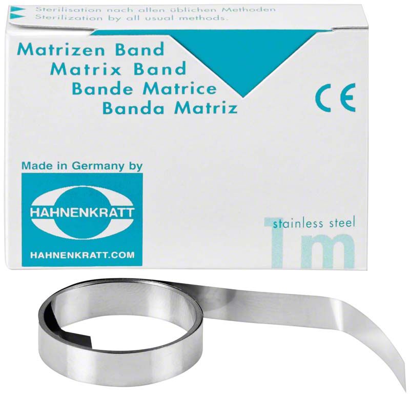 Matrizenband aus Edelstahl, 1m x 6mm, vor Verpackung gezeigt.