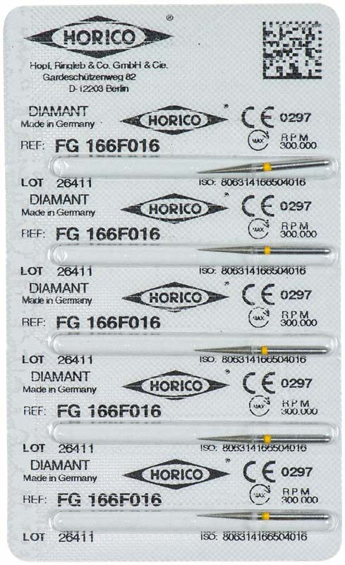 Blisterverpackung mit Diamantinstrumenten FG 166F 016 von Horico.