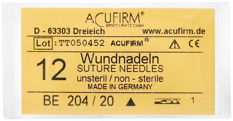 Wundnadeln 12 Stück, unsteril, in gelber Verpackung.