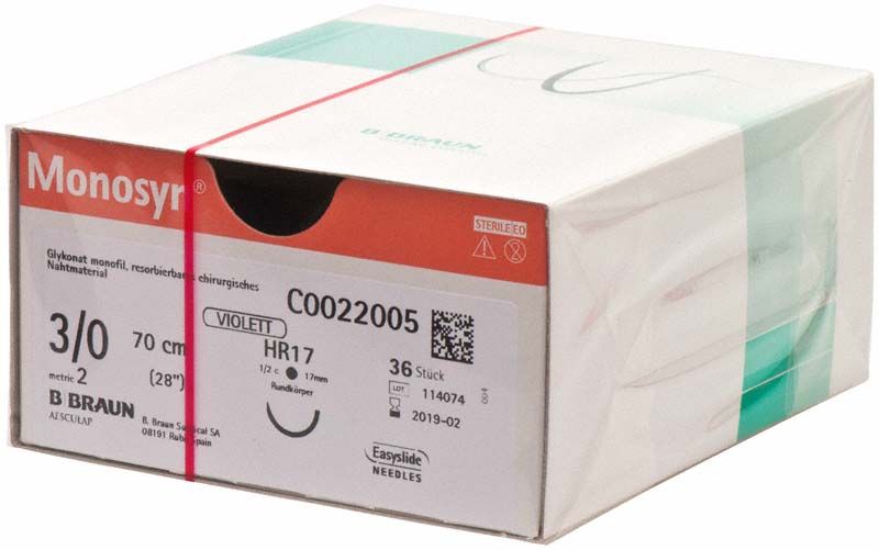 Verpackung von Monosyn® 3/0 Nahtmaterial, 70 cm, 36 Stück, violett.