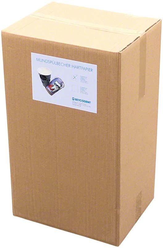 Großverpackung der Mundspülbecher aus Hartpapier mit Zahndesign-Etikett.