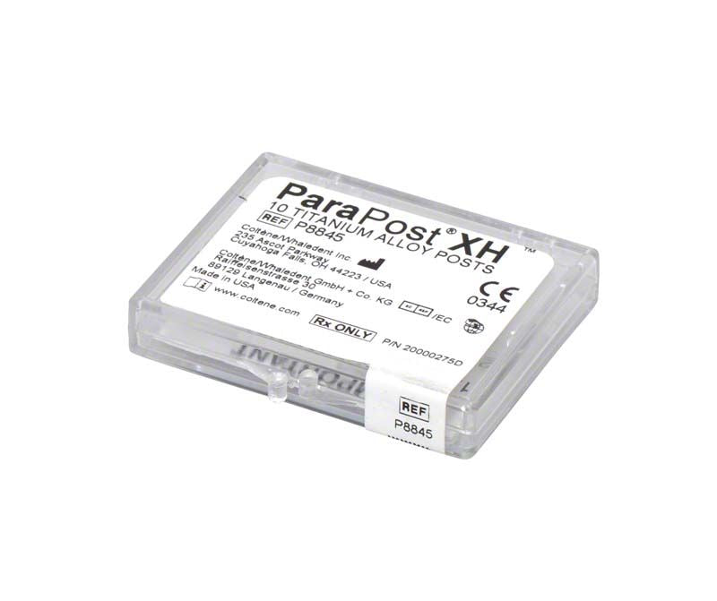 Transparente Verpackung mit ParaPost® XH™ Titanstiften Gr. 4.5 und Etikett.