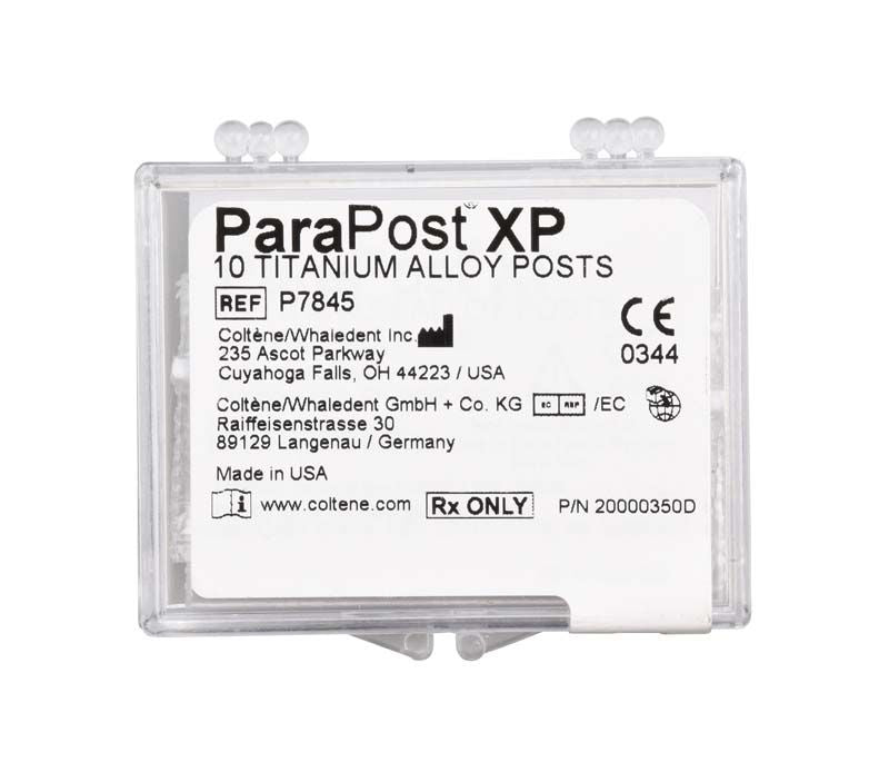 ParaPost XP Titanstifte Verpackung mit Produktinformationen und CE-Kennzeichnung.