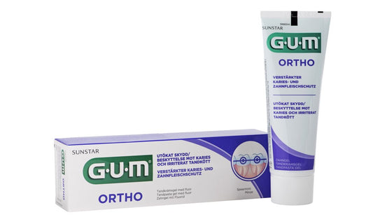 GUM® ORTHO Zahngel Tube und Verpackung, 75ml, für Zahnspangenträger.