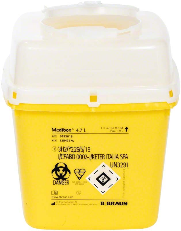 Medibox 4,7 Liter Kanülensammler in Gelb mit Sicherheitsverschlüssen.