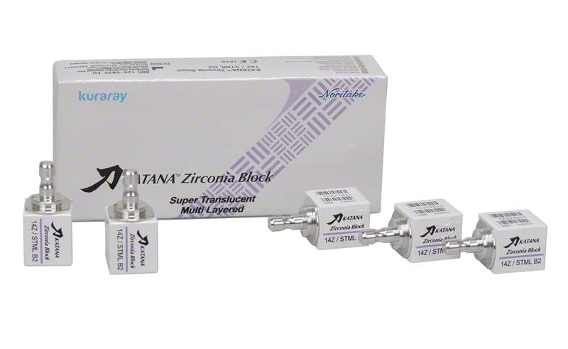 KATANA™ Zirconia Block STML 14Z B2 mit Verpackung und Einzelblöcken.